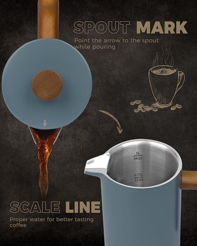 POLIVIAR French Press Coffee Maker, 34 oz Coffee Press with Real Wood Handle, Double Wall Insulation & Dual-Filter Screen, Food Grade Stainless Steel for Good Coffee and Tea (Alpline)