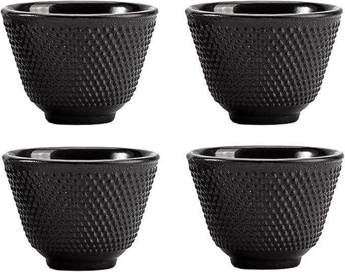 Japanese Cast Iron Tea Cups, Small and Heavy Teacups with no Handles, Japanese Style Cup for Adults, Asian Teacups, Coated with Enameled Interior, 4 Pcs/Box (Black, 2oz/60ml)