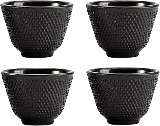 Japanese Cast Iron Tea Cups, Small and Heavy Teacups with no Handles, Japanese Style Cup for Adults, Asian Teacups, Coated with Enameled Interior, 4 Pcs/Box (Black, 2oz/60ml)