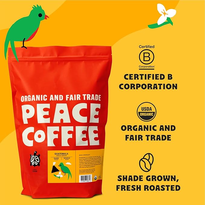 Peace Coffee Guatemala Single Origin Coffee | 5 lb Whole Bean Dark Roast | Organic Fair Trade | Rich, Chocolatey Flavor | Shade Grown, Fresh Roasted