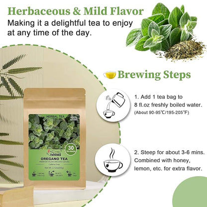 FullChea - Oregano Tea Bags, 30 Teabags, 2g/Bag - Premium Oregano Leaves - Non-GMO - Caffeine-Free - Support Digestion & Boost Immunity