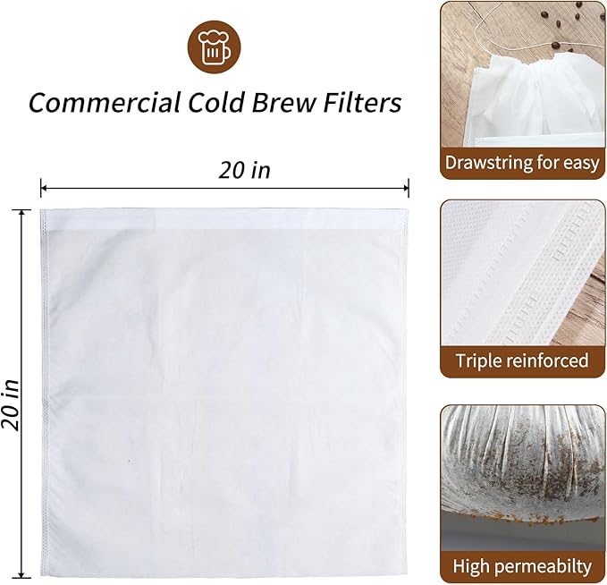 50Pcs Commercial Cold Brew Coffee Filters for 5 Gallon Buckets, 20" X 20" Disposable Coffee Filters with Drawstring for Brew Up To 5 LBS Coffee