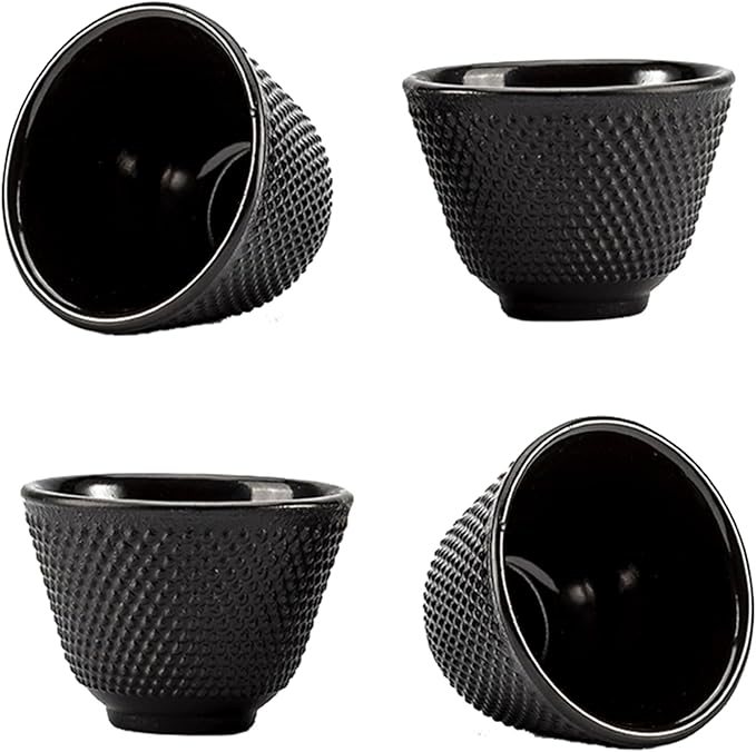 Japanese Cast Iron Tea Cups, Small and Heavy Teacups with no Handles, Japanese Style Cup for Adults, Asian Teacup, Coated with Enameled Interior, 4 Pcs/Box (Black, 3.38oz/100ml)