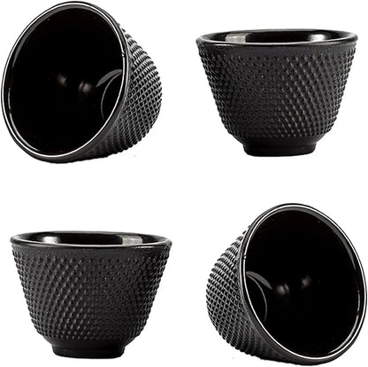 Japanese Cast Iron Tea Cups, Small and Heavy Teacups with no Handles, Japanese Style Cup for Adults, Asian Teacup, Coated with Enameled Interior, 4 Pcs/Box (Black, 3.38oz/100ml)