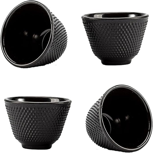 Japanese Cast Iron Tea Cups, Small and Heavy Teacups with no Handles, Japanese Style Cup for Adults, Asian Teacup, Coated with Enameled Interior, 4 Pcs/Box (Black, 3.38oz/100ml)