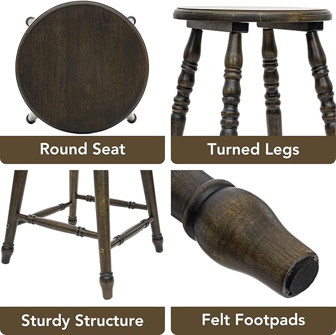 chairus 24" Backless Counter Height Bar Stools Set of 2, Farmhouse Wooden Counter Stools with Round Seat & Turned Legs, Rustic Vintage Colonial Short Bar Chairs for Kitchen Island, Antique Brown