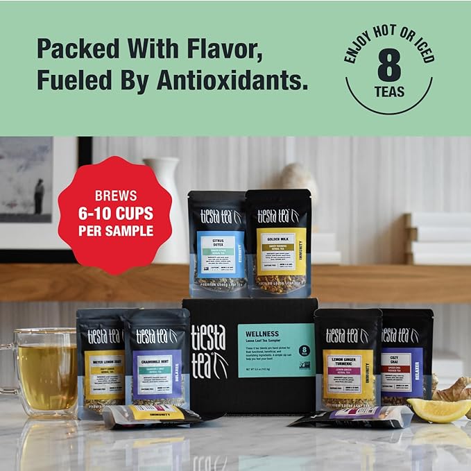 Tiesta Tea - Wellness Tea Sampler Dry Flight Set, Loose Leaf, High to No Caffeine, Makes Hot & Iced, Assorted Brew Sets with Herbal, Chai, Fruit Drinks & More, 8 Resealable Sample Pouches