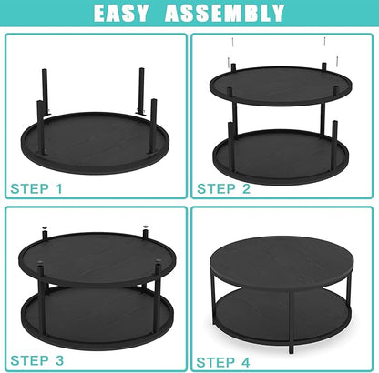 NSdirect Round Coffee Table, 36" Rustic Wooden Surface Top & Sturdy Metal Legs Industrial Sofa Table for Living Room Modern Design Home Furniture with Storage Open Shelf (Black Oak)