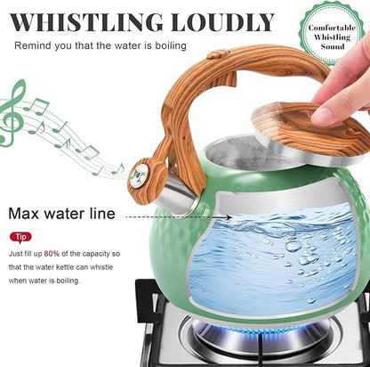 GGC Tea Kettle for Stove Top, Loud Whistling Kettle for Boiling Water Coffee or Milk, 3.1 Quart 3L Heavy Stainless Steel Green Tea Pot with Wood Pattern Handle, Unique Button Control Outlet
