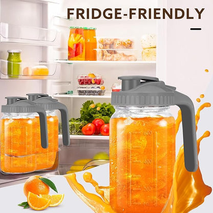 Glass Pitcher with Lid, 64 OZ Mason Jar Pitcher Double Leak Proof, 2 Quart Breast Milk Storage Containers for Fridge, Wide Mouth Glass Jar for Sun Tea, Juice, Cold Brew Coffee