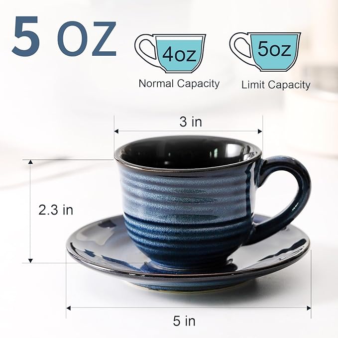 Ceramic Espresso Cups with Saucers 5 Oz,Set of 4 Cappuccino Mug with Handle for Coffee,Tea,Latte and Macchiato,Porcelain Demitasse Cups Set for Kitchen and Cafe,Navy Blue