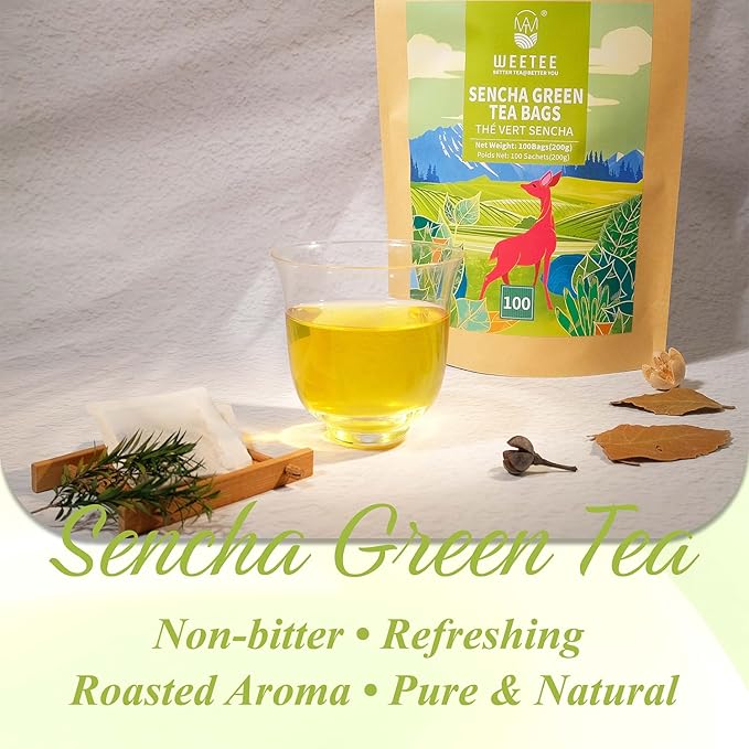WT WEETEE Sencha Green Tea Bags 100 Count, Unique Roasted Rice Aroma, Non-Bitter & Refreshing Steamed Green Tea, Natural Caffeine & Antioxidant, Good for Hot Iced Cold