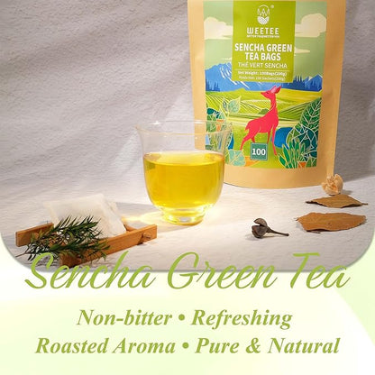 WT WEETEE Sencha Green Tea Bags 100 Count, Unique Roasted Rice Aroma, Non-Bitter & Refreshing Steamed Green Tea, Natural Caffeine & Antioxidant, Good for Hot Iced Cold