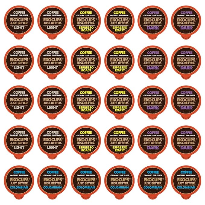 EKOCUPS Organic & Fair Trade Gourmet Hot or Iced Coffee Single Serve Cups for Keurig K Cup Brewer Variety Pack Sampler, 30 Count