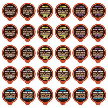 EKOCUPS Organic & Fair Trade Gourmet Hot or Iced Coffee Single Serve Cups for Keurig K Cup Brewer Variety Pack Sampler, 30 Count