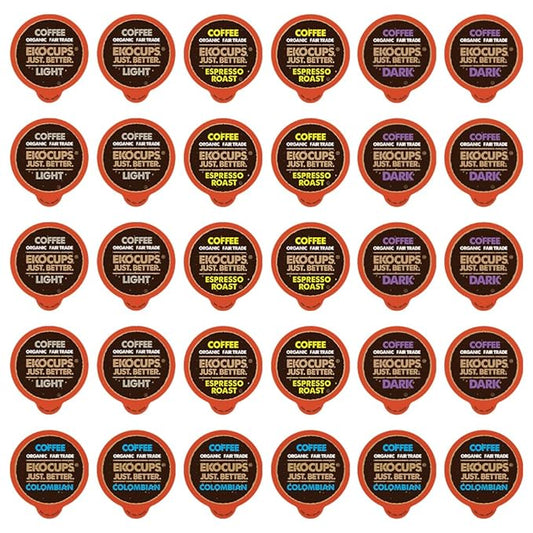 EKOCUPS Organic & Fair Trade Gourmet Hot or Iced Coffee Single Serve Cups for Keurig K Cup Brewer Variety Pack Sampler, 30 Count