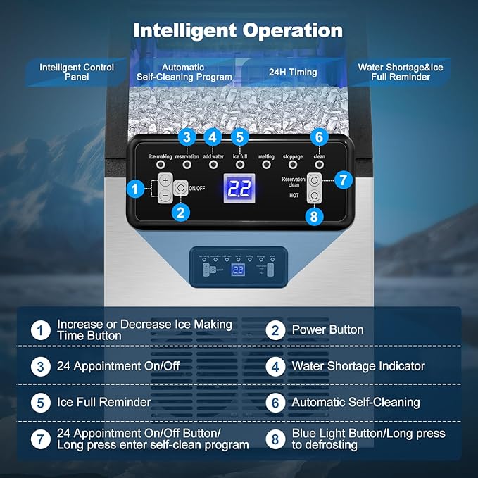 Commercial Ice Maker Machine 100Lbs/24H with 2 Water Inlet Modes, 36Pcs Ice Cubes in 8-15 Mins, Stainless Steel Under Counter/Freestanding Ice Machine with 24Lbs Storage Bin for Home/Shop/Office/Bar