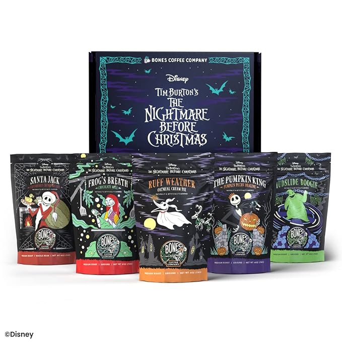 Bones Coffee Company The Nightmare Before Christmas Collector's Box 5 Flavored Coffee Low Acid Medium Roast Arabica Beans Specialty Coffee Gifts For Auto Drip and French Press, 4 oz Pack of 5 Ground