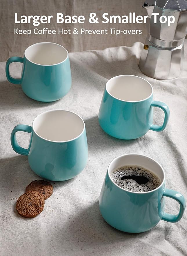 Teocera Ceramic Coffee Mug Set of 4-12 oz Coffee Mugs with Large Handles for Hot or Cold Drinks Like Latte, Cocoa, Tea or Juice - Smooth Ceramic, Dishwasher Safe, Turquoise