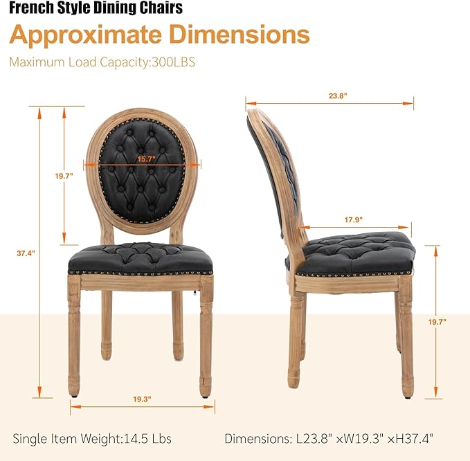 French Country Dining Chairs Set of 8, Vintage Wooden Dining Chairs with PU Leather Upholstered Tufted Seat,Solid Wood Legs&Frame, Farmhouse Kitchen&Living Room Chairs(Black,8 Pcs)