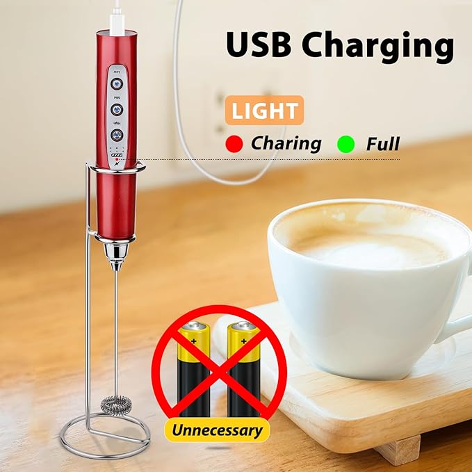 Milk Frother with Stand Rechargeable-Handheld Frother Wand with 3 Stainless Whisks 3 Speed Adjustable, Electric Whisk Drink Mixer, Foam Maker Blender for Matcha Latte Cappuccino Chocolate