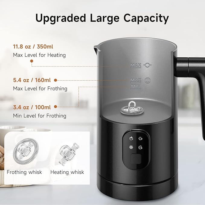 Milk Frother, Milk Steamer for Coffee, 4 in 1 Electric Milk Frother and Steamer, Warm and Cold Foam Maker, Hot Chocolate Maker, Milk Warmer, 12oz/350ml Frother for Latte, Cappuccino, Matcha