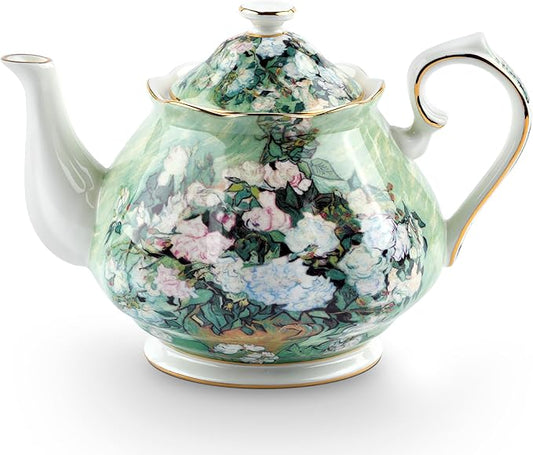 Teapot 30 oz Van Gogh Paintings Bone China Loose Tea Pot Floral Design Vintage Ceramic Coffee Water Pot European Style Porcelain (White Rose)