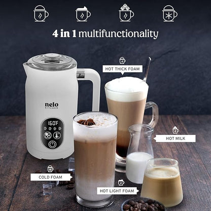 NELO Electric Milk Frother, 4 In 1 Digital Milk Frother and Steamer with Real-Time Temperature Control, Automatic Frother for Coffee, Latte, Hot Chocolate, Cappuccino, BPA Free Stainless Steel (White)
