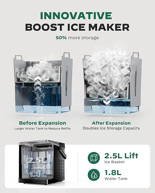 Silonn Boost Ice Maker with Innovative 2.5L Ice Basket & 1.8L Water Tank, 9 Bullet Ice Cubes in 6 Mins, Countertop Ice Maker with LED Touch Control, Self-Cleaning Ice Machine, 2 Ice Sizes