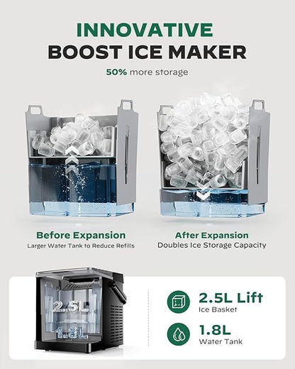 Silonn Boost Ice Maker with Innovative 2.5L Ice Basket & 1.8L Water Tank, 9 Bullet Ice Cubes in 6 Mins, Countertop Ice Maker with LED Touch Control, Self-Cleaning Ice Machine, 2 Ice Sizes
