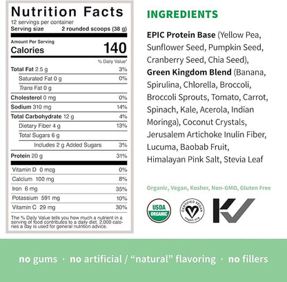 Sprout Living Epic Protein, Plant Based Protein & Superfoods Powder, Green Kingdom | 20 Grams Organic Protein Powder, Greens, Vegan, Non Dairy, Non-GMO, Gluten Free, Low Sugar (1 Pound, 12 Servings)