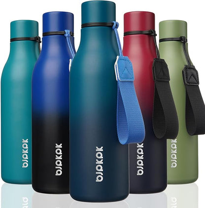 BJPKPK Insulated Water Bottles, 18 oz Stainless Steel Metal Water Bottle with Strap, BPA Free Leak Proof Jugs, Mugs, Flasks, Reusable Thermal Flasks for Sports & Travel, Sea