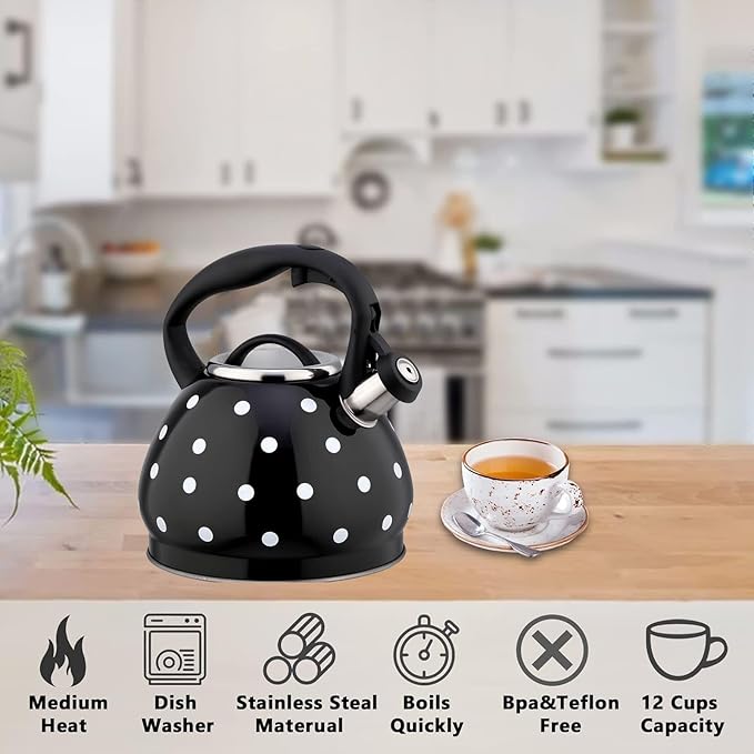 Tea Kettle Stovetop, Whistling Teapot 304 Stainless Steel 3.2 Quart Teakettle, Polka Dot Teapots for Stove Top, Whistle Tea Pot with Cool Touch Ergonomic Handle (Black/White, 3.2 Quarts)