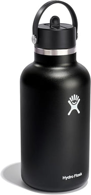 Hydro Flask Water Bottle - Insulated Stainless Steel - Wide Mouth Flex Straw Lid, Non Spill, Leakproof and Refillable in 64 Oz Black