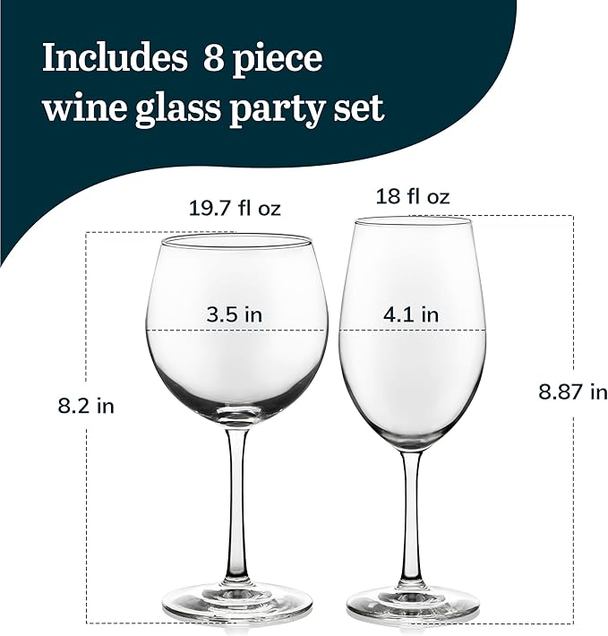Libbey Vineyard Reserve Wine Glass Set of 8, Clear Wine Glasses for Red and White Wine, Great for Merlot, Bordeaux, Chardonnay, Gifts, Holiday, Birthday Party