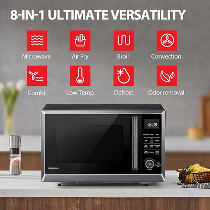 TOSHIBA Combo 8-in-1 Countertop Microwave Oven, with Convection, Broil, Odor Removal Mode, 12.4" Position Memory Turntable, Child-Lock, Black Stainless Steel, ML2-EC10SA(BS) A, Air Fryer-1.0 Cu.Ft