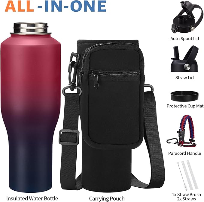 Insulated Water Bottle 40 oz - Fits in any Car Cup Holder, Keep Cold 48H Hot 24H, Stainless Steel Waterbottle Double Wall Flask with Straw, Pop-up Spout Lid, Paracord Handle, Carrier Bag