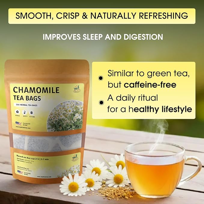 TeaDeam Tea Chamomile Tea Bags | Caffeine-Free & Sleep Time Tea | Chamomile Flowers Aroma - For Relieving Stress | Brew Hot Or Iced | 200 Tea Bags