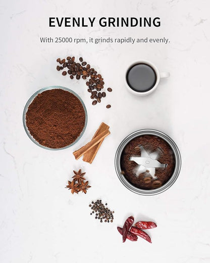 SHARDOR Electric Super Silent Blade Coffee Grinder, Timed Grind Control Rotary Knob, Adjustable Coarse to Fine for Coffee Beans, Spices & Herbs, with 1 Removable Stainless Steel Bowl, White