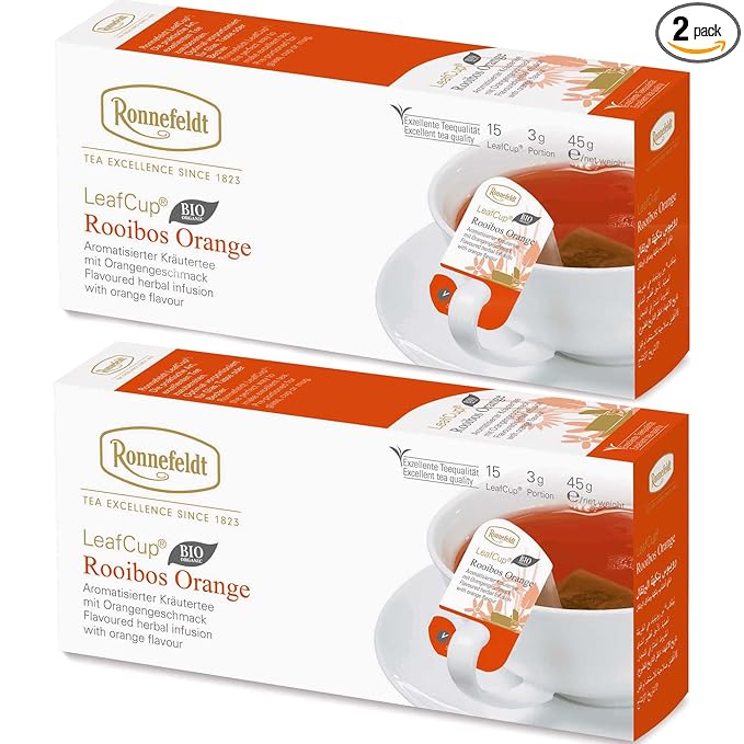 Ronnefeldt LeafCup Rooibos Orange Chai – Naturally Caffeine-Free Red Herbal Tea with Natural Orange Flavoring – Set of 2 Boxes – 30 Individually Wrapped Loose Leaf Tea Bags – Packed in Germany