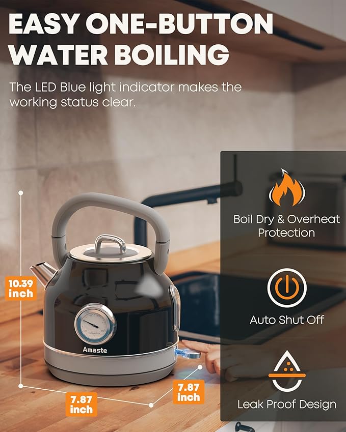 Amaste Electric Kettle, Retro Electric Tea Kettle With Thermometer, 57 Oz Hot Water Kettle For Coffee & Tea, 304 Stainless Steel, 1500w Fast Boiling, Auto Shut-Off & Boil Dry Protection, Black