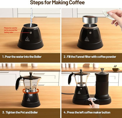 Electric Espresso Machine with Milk Frother 2 in 1 Efficient Moka Pot Coffee Maker with Milkfroth Aluminum One-Touch Operation for Effortless Cappuccinos Lattes Macchiatos Black