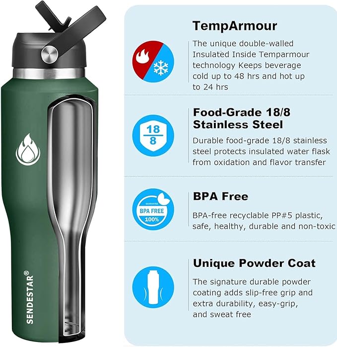 SENDESTAR 40oz Water Bottle Wide Mouth Stainless Steel Vacuum Insulated Double Wall with 2 Straw Lids Fit in Any Car Cup Holder TXIN-40-Dark Green