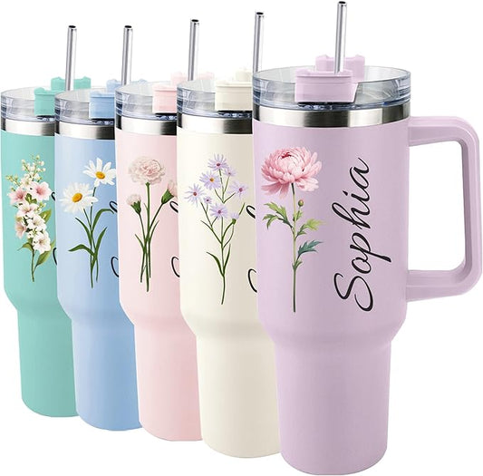 Ships Next Day,Birth Flower 40 Oz Tumbler with Handle and Straw, Personalized Tumbler with Name Insulated Cup Reusable Stainless Steel Water Bottle Travel Mug Christmas Birthday Gifts for Women