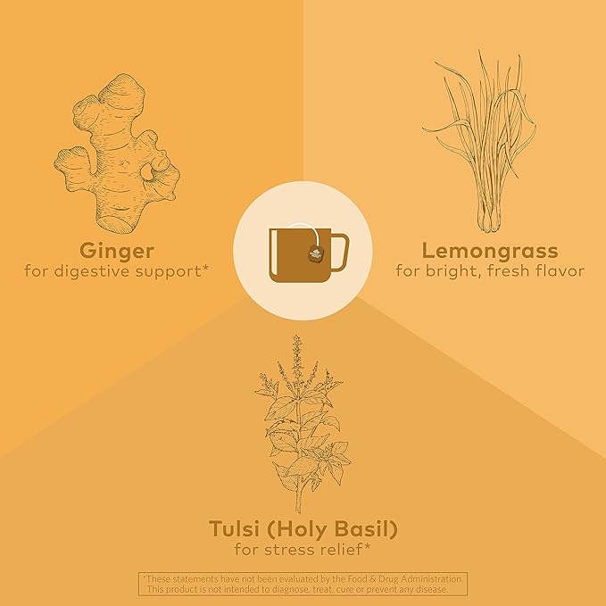 Organic India Tulsi Lemon Ginger Tea Bags - Herbal Tea, Stress Relieving & Reviving, Immune Support, Aids Digestion, Vegan, USDA Certified Organic, Non-GMO, Caffeine-Free - 18 Infusion Bags, 6 Pack