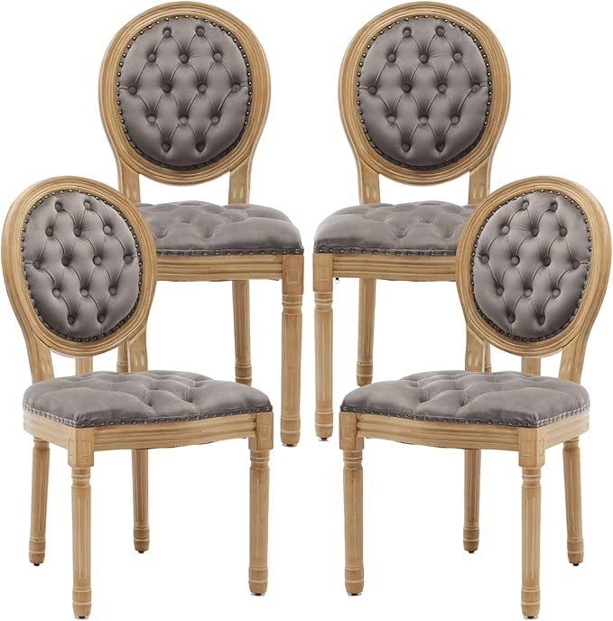 French Country Dining Chairs Set of 4, Vintage Wooden Dining Chairs with Fabric Upholstered Tufted Seat,Solid Wood Legs&Frame, Farmhouse Kitchen&Living Room Chairs(Gray,4 Pcs)