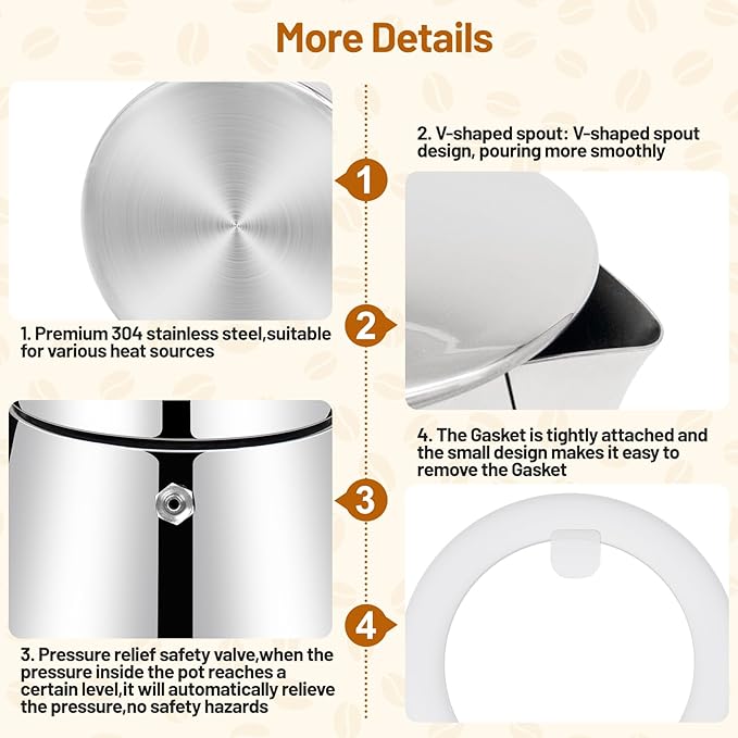 No Coating 12 Cup Thickened 304 Stainless Steel Moka Pot Stovetop Espresso Maker Italian Coffee Machine 600ml 20.3oz Suitable for Gas Induction Stovetop Greca Coffee Maker Percolator