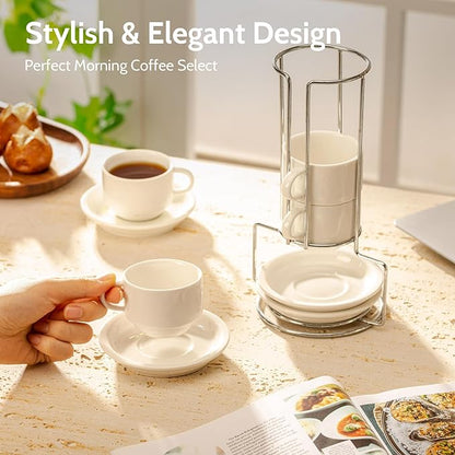Sweese 4 Ounce Porcelain Stackable Espresso Cups with Saucers and Metal Stand Set of 4, White