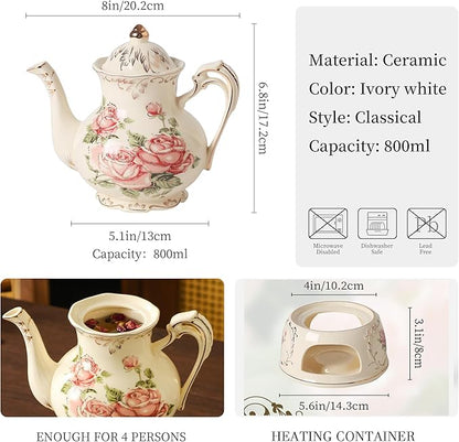 Vintage Ceramic Tea Pot, Heatable with Warmer, Decor for Party, Camping or Wedding, 25 oz/ 2 Cup, White with Pink Roses & Gold Trim