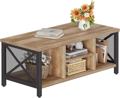 FATORRI Coffee Table for Living Room, Rustic Wood Center Table with Shelves, Farmhouse Rectangle Cocktail Tea Tables (Rustic Oak)